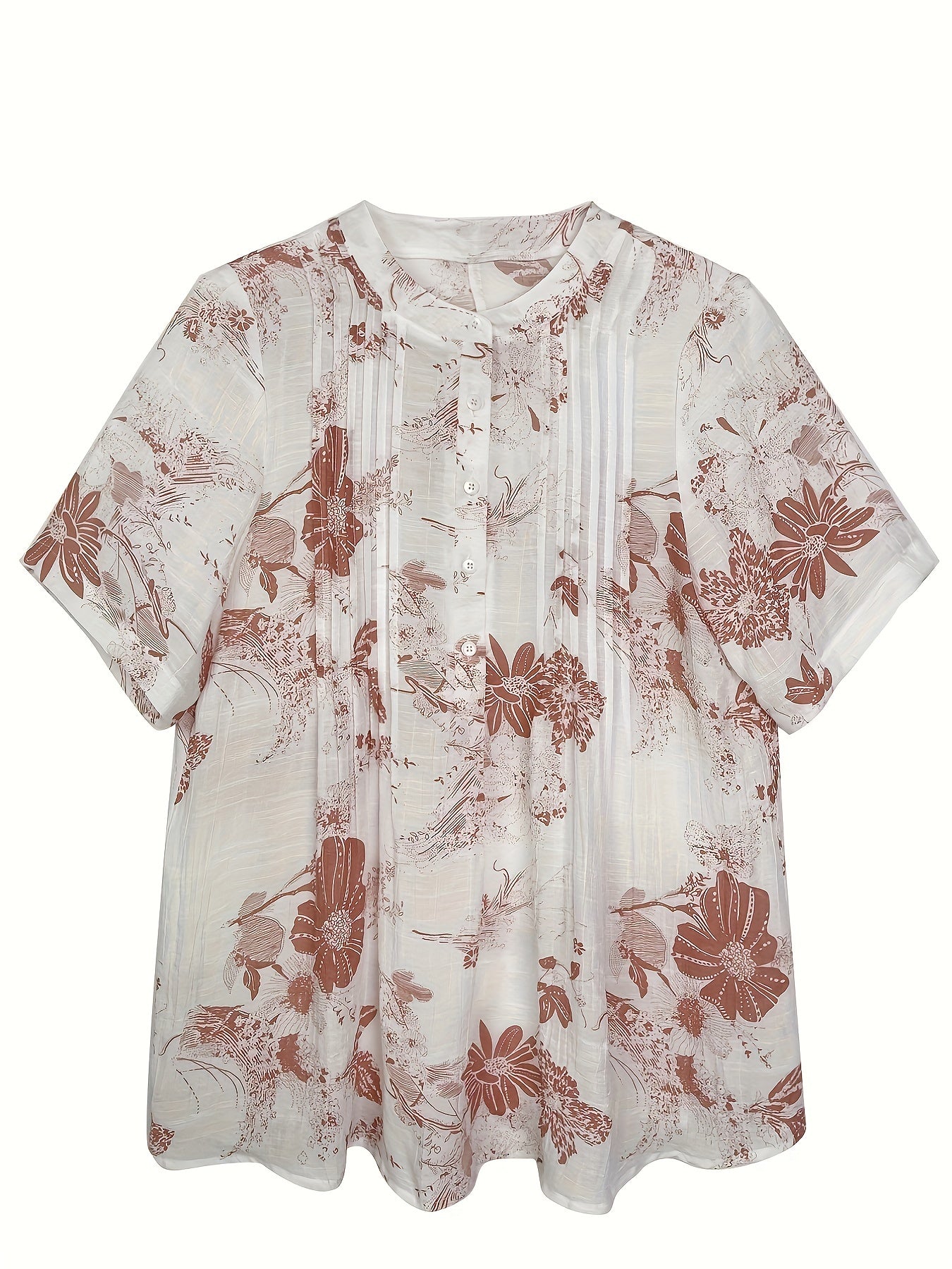 Women's Floral Print A-Line Blouse - Casual Short Sleeve, Round Neck with Front Button Detail, Lightweight Polyester Blend, Perfect for Spring/Summer