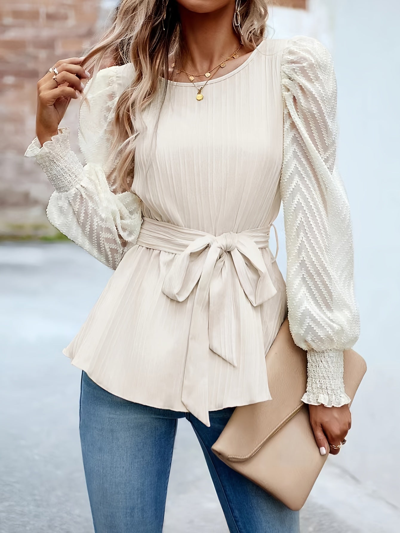 Mesh Stitching Crew Neck Belted Blouse, Elegant Long Sleeve Blouse For Spring & Fall, Women's Clothing