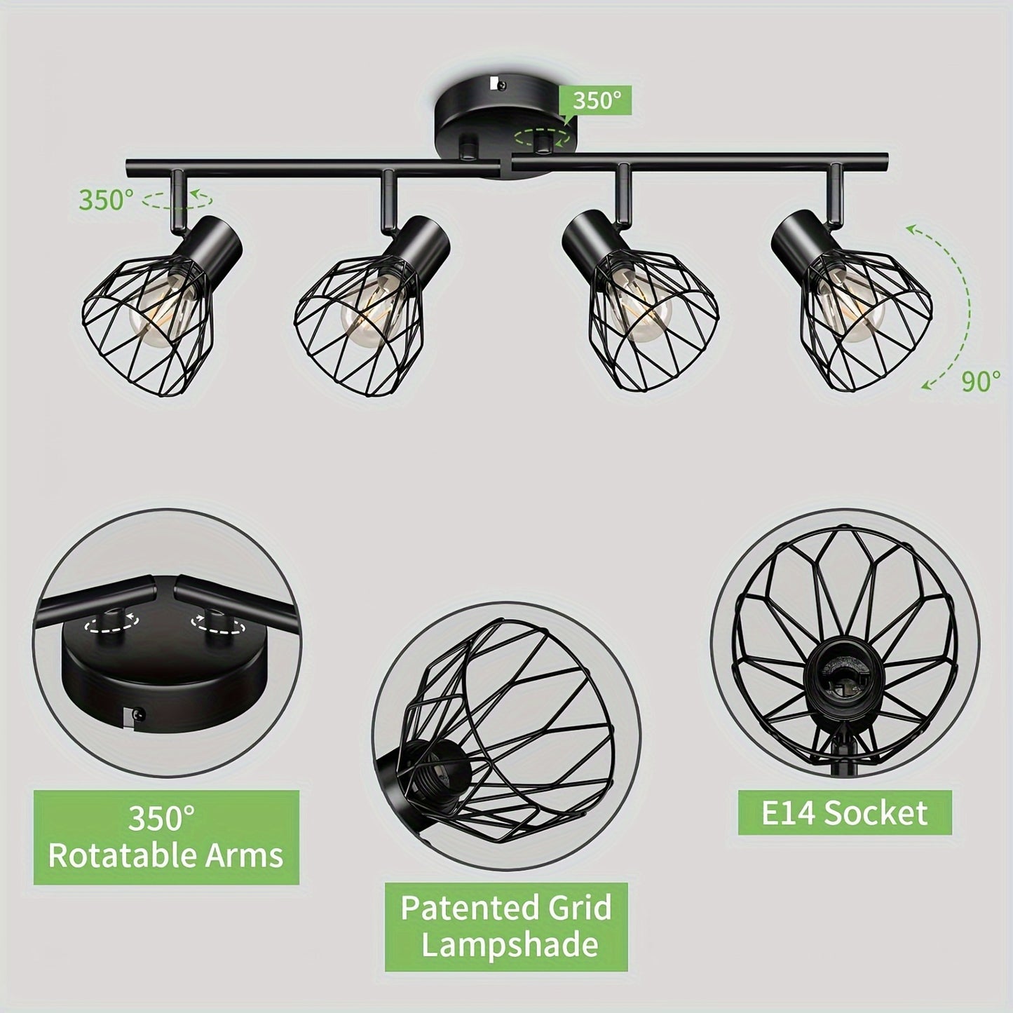 AMANSOUR 4-Bulb LED Ceiling Spotlight - Retro Black Metal Semi-Flush Mount Ceiling Light with Polished Finish, E14 Base, No Bulbs Included, Ideal for Kitchen, Living Room, Bedroom, Office & Hotel Decor, Ceiling Lights for Hom