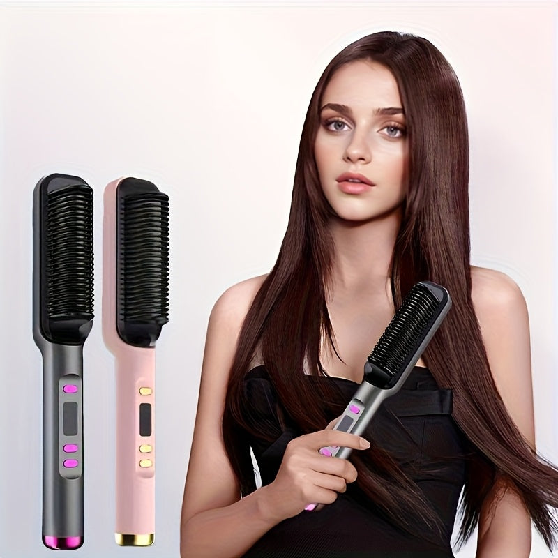 Hair Straightening Brush with LCD Display for Straightening and Curling, Lazy Curling Iron Hair Straightener, Negative Ion Non-Injurious Hair, Anti-scald, Fast Styling Hot Brush, Women'S Gift, Birthday Gift, Holiday Gift, Fas