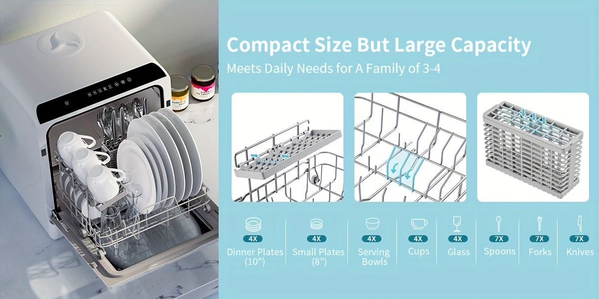 Independent Countertop Dishwasher, 5+1 Wash Programs, Built-in 5L Water Tank, Two Water Supply Modes, With Hot Air Drying And Automatic Ventilation Functions, Suitable For Homes, Apartments, And RVs.