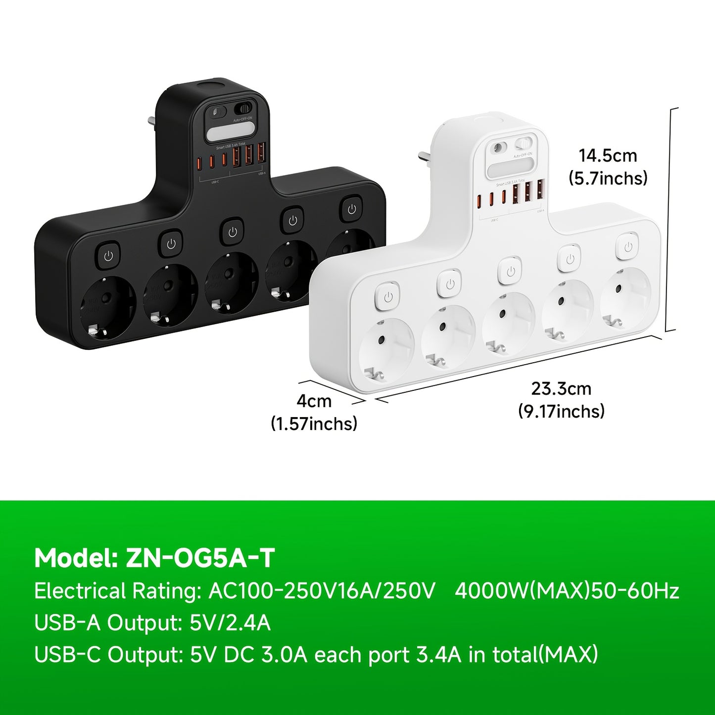 European Wall Power Strip with 5 AC Outlets & 3 USB-A/3 USB-C Ports, Smart Power Strip with Individual Switches, Overload Protection, 3 Lighting Modes & Auto On/Off Timer, EU Plug (220V) for Home, Office, Dorm - Space-Saving