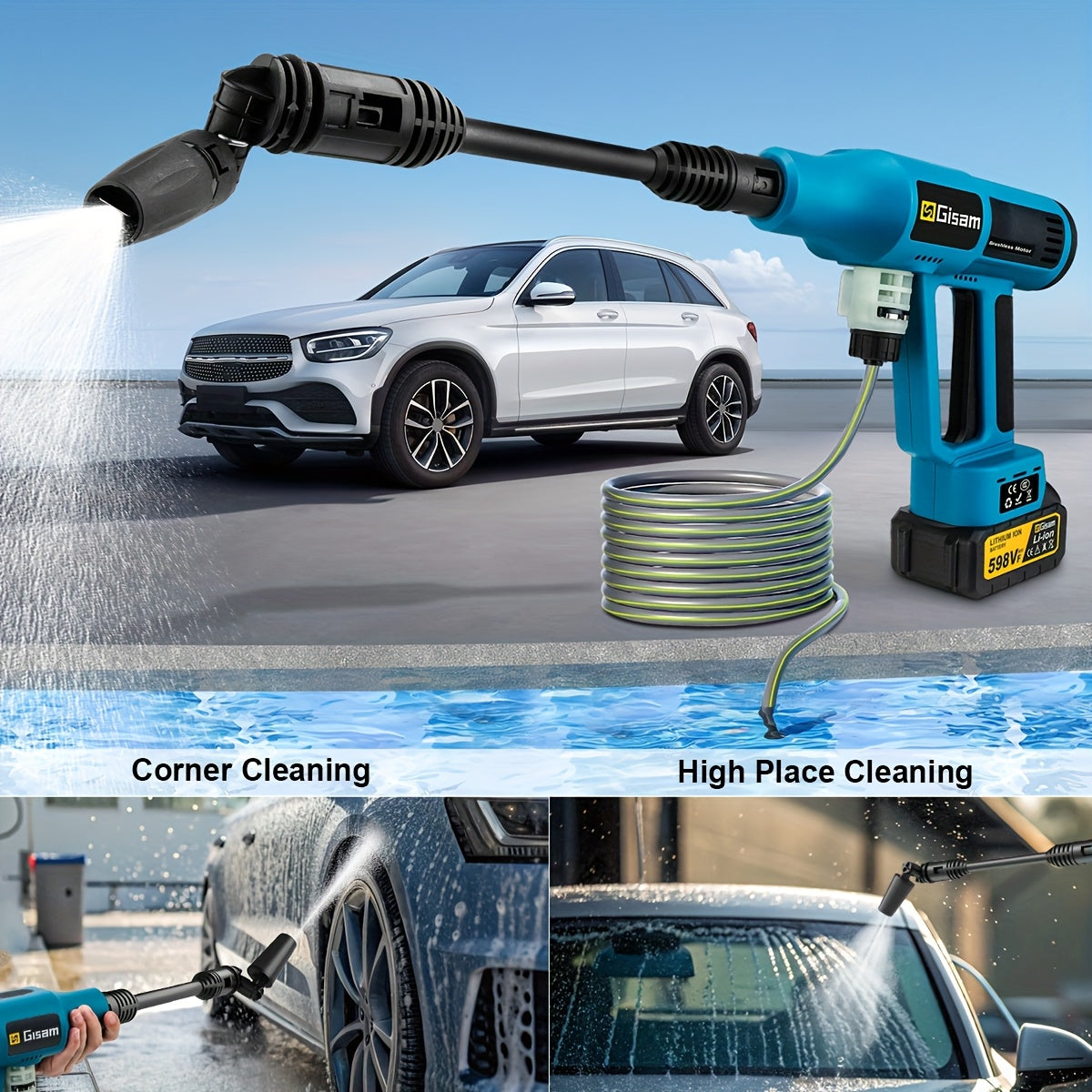Gisam Cordless High-Pressure Car Washer Gun with Digital Touch Screen & 2 x 4000mAh - 6-in-1 Nozzles, 4-Speed Brushless Motor, Heavy-Duty Water Spray System for, Trucks, Motorcycles, Garden,, Driveway Cleaning (Portable)