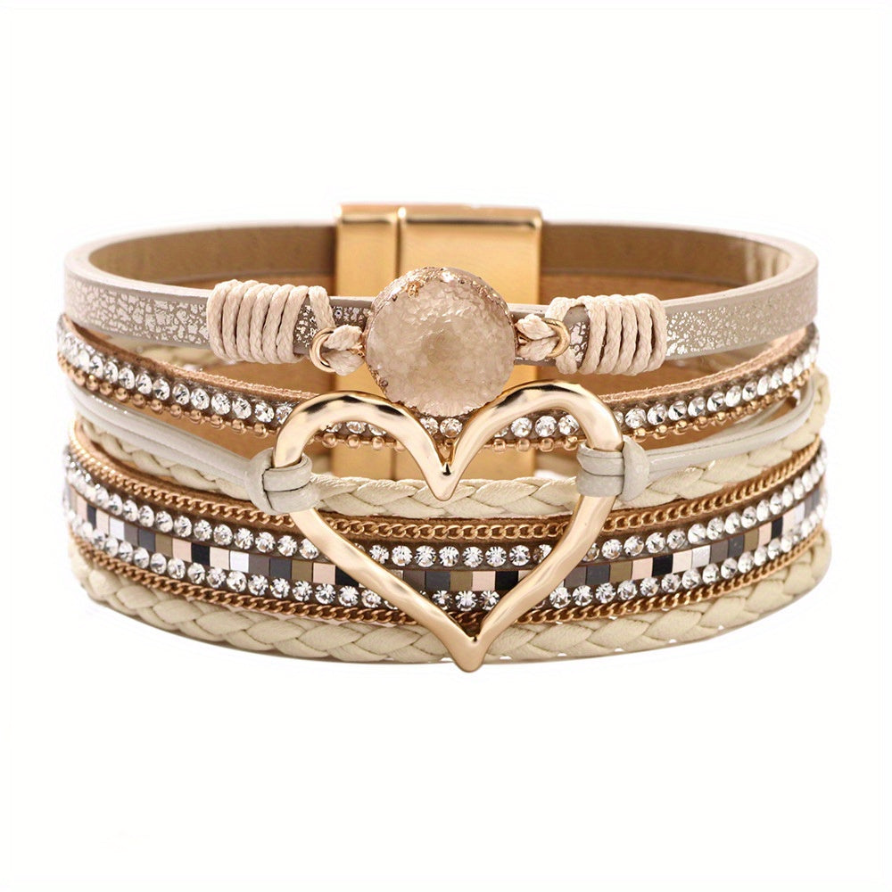 Bohemian Multi-layer Leather Bracelet Hand-woven Bracelet Golden Big Heart Ladies Fashion Bracelet