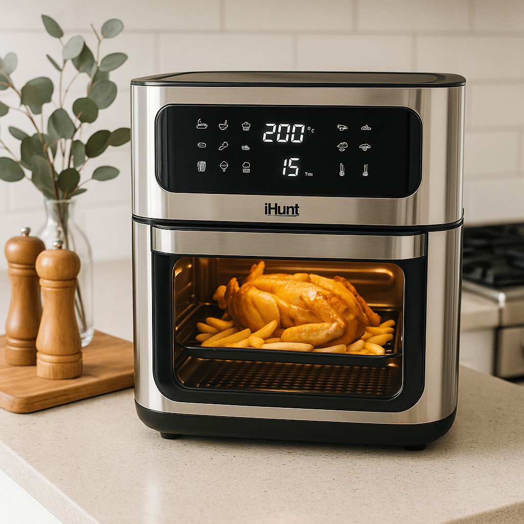 Hot Air Fryer with Rotisserie Without Oil Ihunt Bro Air Fryer 12L Rotary XL, 1800W, 360-Degree Air Circulation, Premium Inox Body, 10 Cooking Functions, Adjustable Temperature, Defrosting, Double Compartment with 3 Cooking Zo