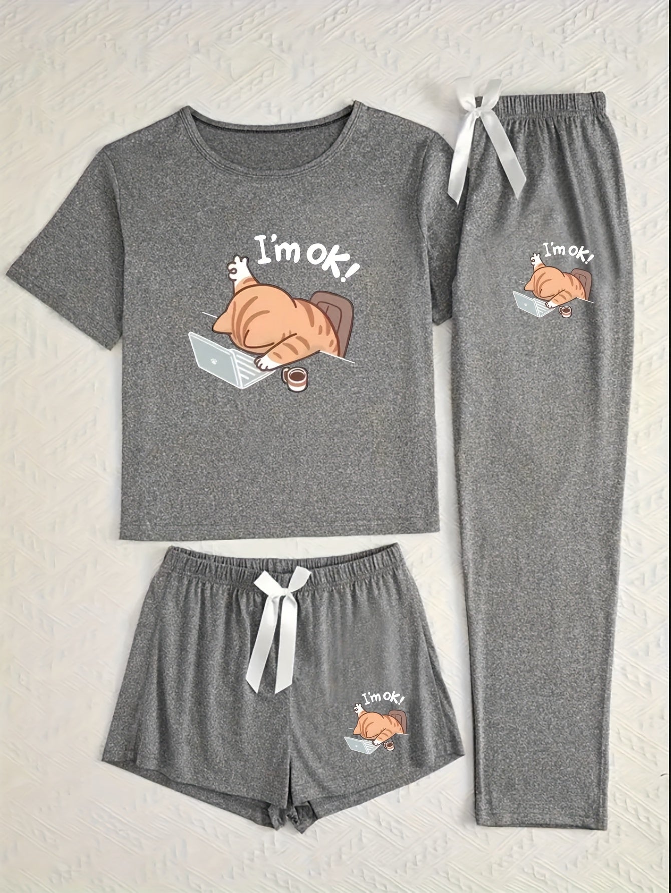 Women's 3pcs Pajama Set, Cartoon Work Kitten Print Short Sleeve Pajamas, Shorts and Longs - Bow Style, Suitable for Multiple Seasons
