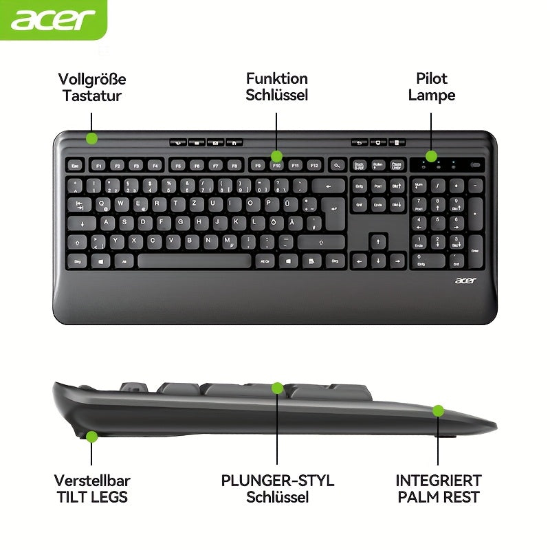 ACER QWERTZ Teclado e Rato Sem Fios com Apoio de Pulso – Preto
