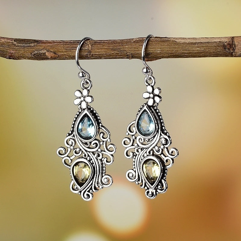 Creative Flower Water Drop Pear Shaped Earrings for Women Retro Crystal Stone Earrings Temperament Banquet Jewelry