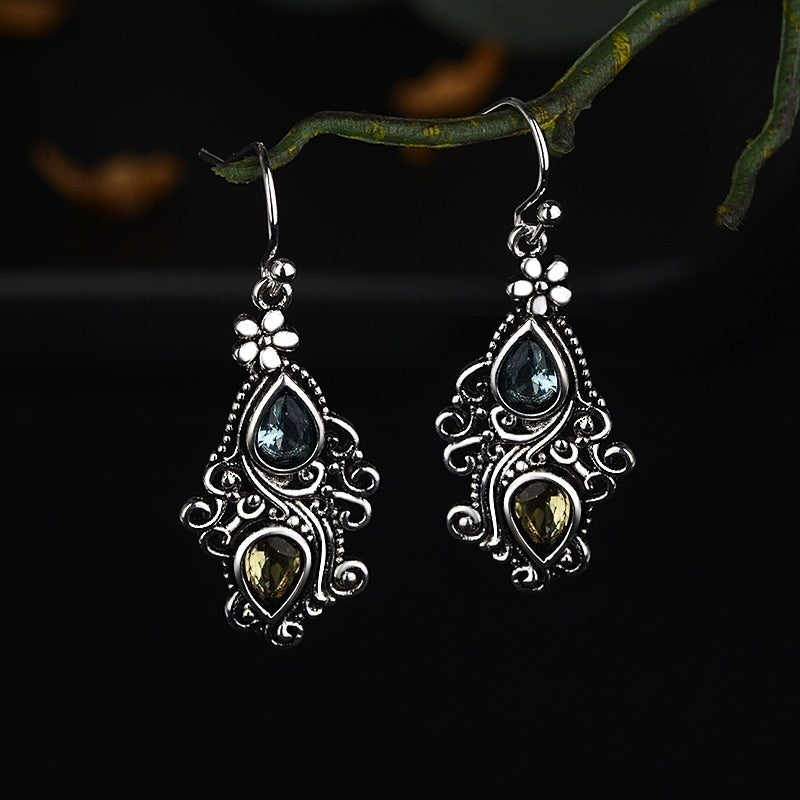 Creative Flower Water Drop Pear Shaped Earrings for Women Retro Crystal Stone Earrings Temperament Banquet Jewelry