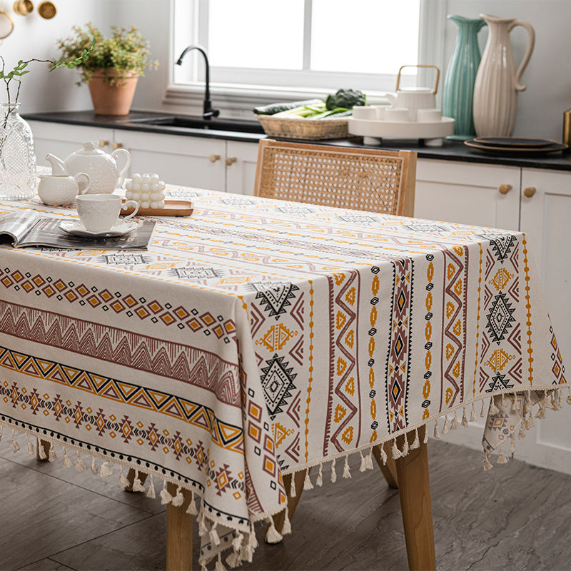 1pc Boho Style Rectangular Tablecloth with Tassels - Waterproof and Oil Proof Home Decor