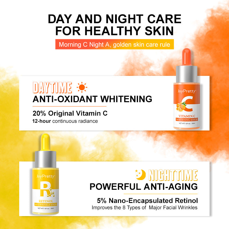 Vitamin C Serum In The Morning And Retinol Essence In The Evening, Facial Skin Care Serum Set, Moisturizing, Rejuvenating Essence To Improve Rough Skin, 30ml*2pcs/Set With Plant Squalane