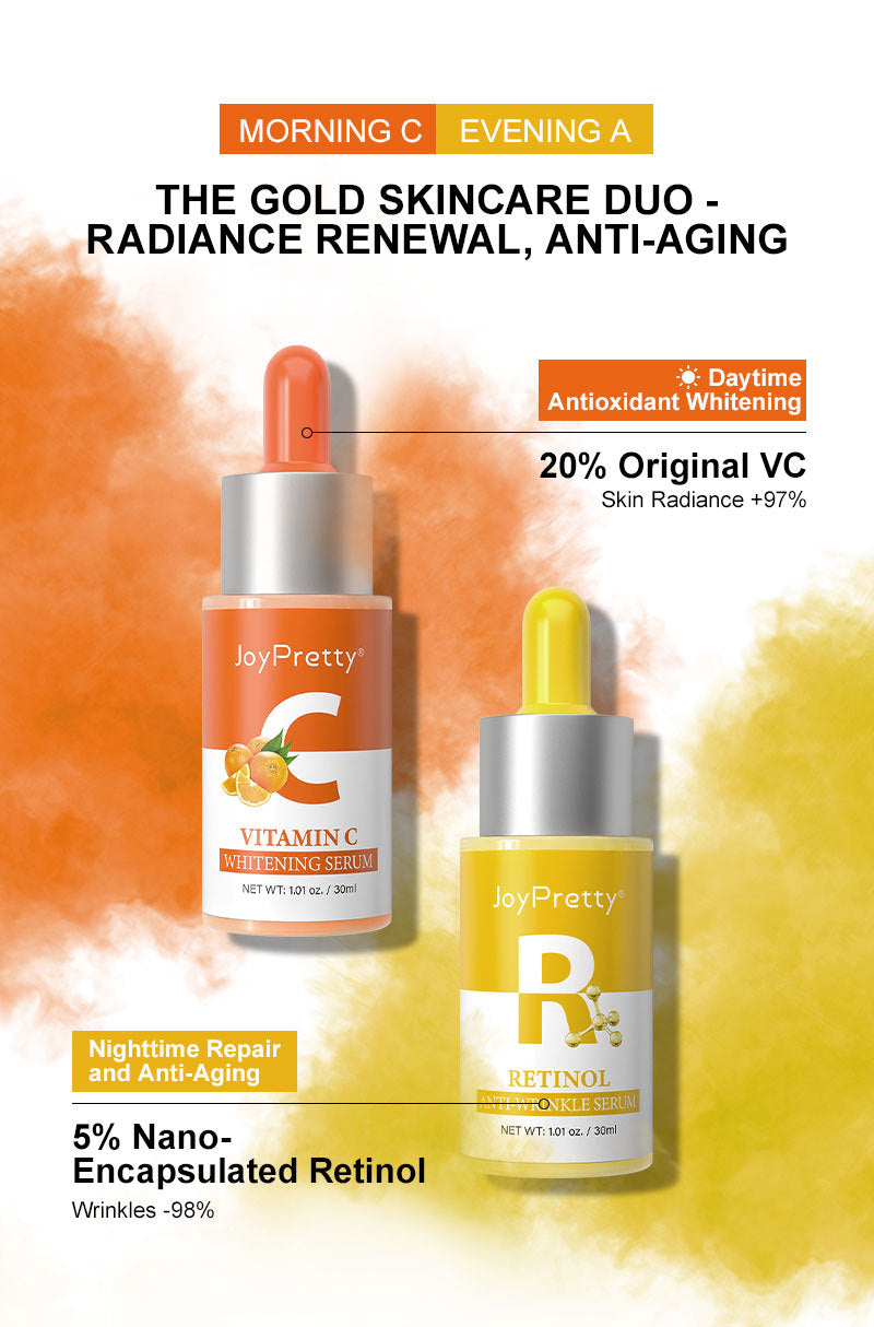 Vitamin C Serum In The Morning And Retinol Essence In The Evening, Facial Skin Care Serum Set, Moisturizing, Rejuvenating Essence To Improve Rough Skin, 30ml*2pcs/Set With Plant Squalane