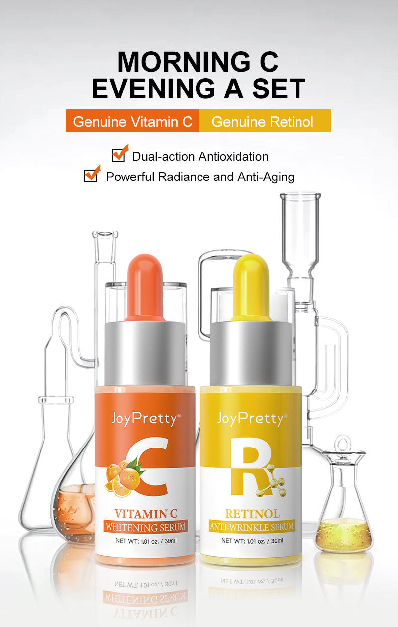 Vitamin C Serum In The Morning And Retinol Essence In The Evening, Facial Skin Care Serum Set, Moisturizing, Rejuvenating Essence To Improve Rough Skin, 30ml*2pcs/Set With Plant Squalane