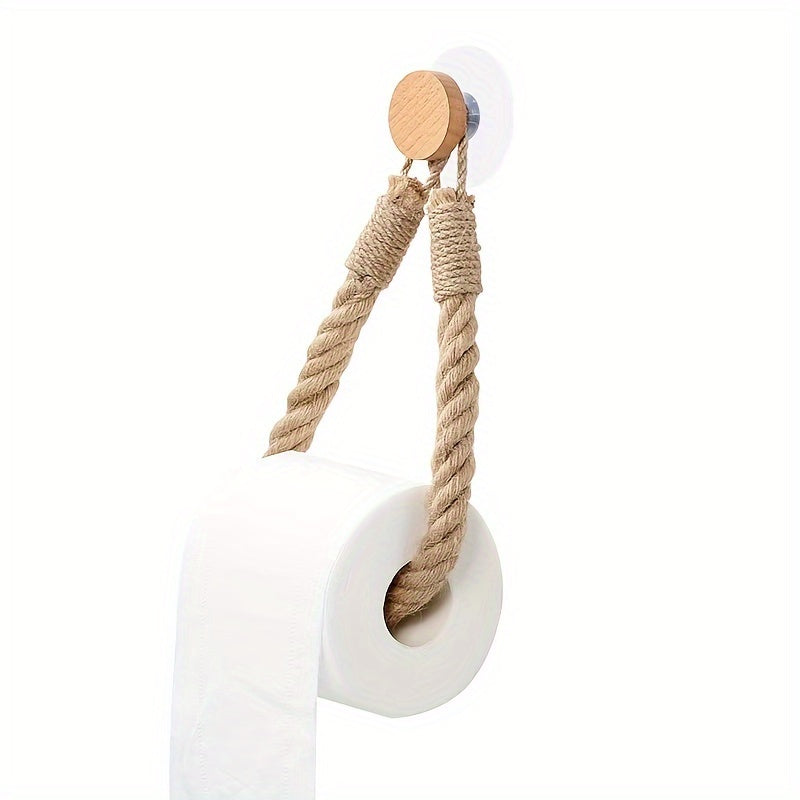 1pc LDQ Hemp Rope Paper Towel Holder, Solid Wood Rope Weaving, Fragrance-Free Fabric Towel Storage Rack, Creative No-Punch Wall-Mounted Roll Paper Holder