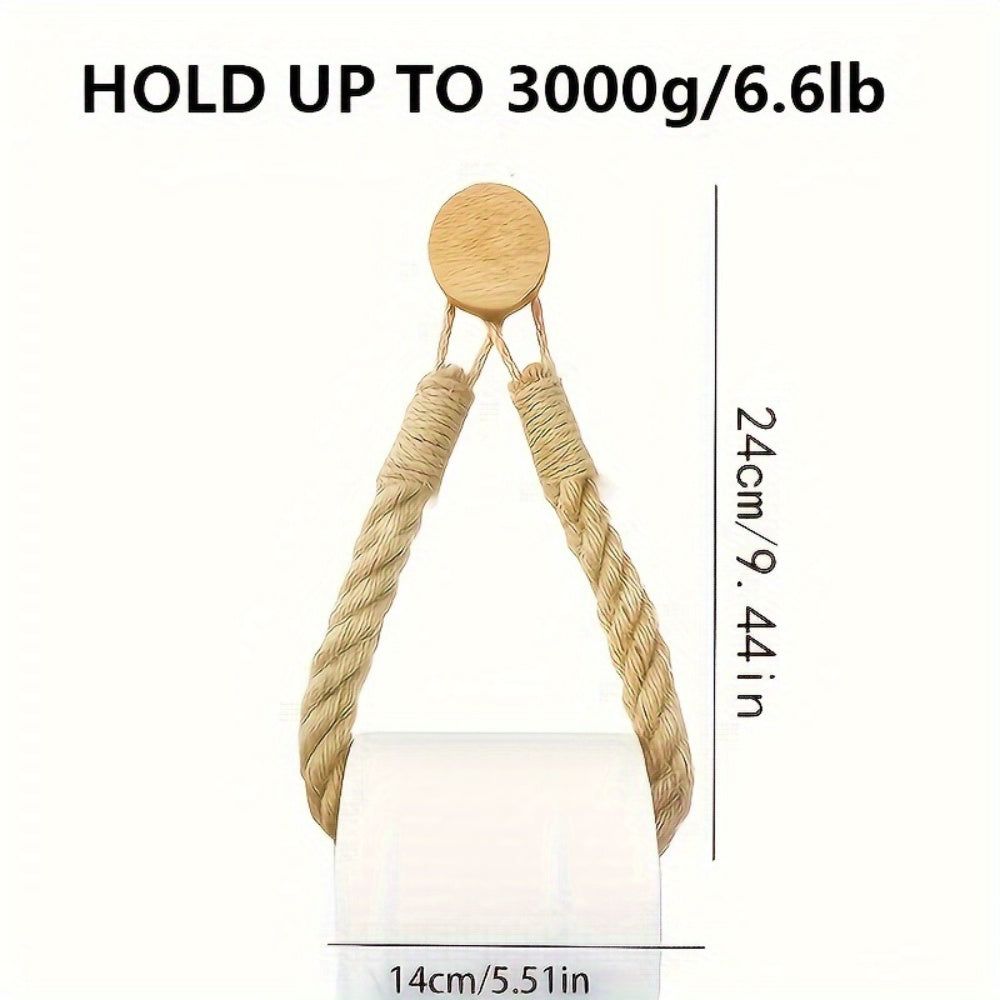 1pc LDQ Hemp Rope Paper Towel Holder, Solid Wood Rope Weaving, Fragrance-Free Fabric Towel Storage Rack, Creative No-Punch Wall-Mounted Roll Paper Holder
