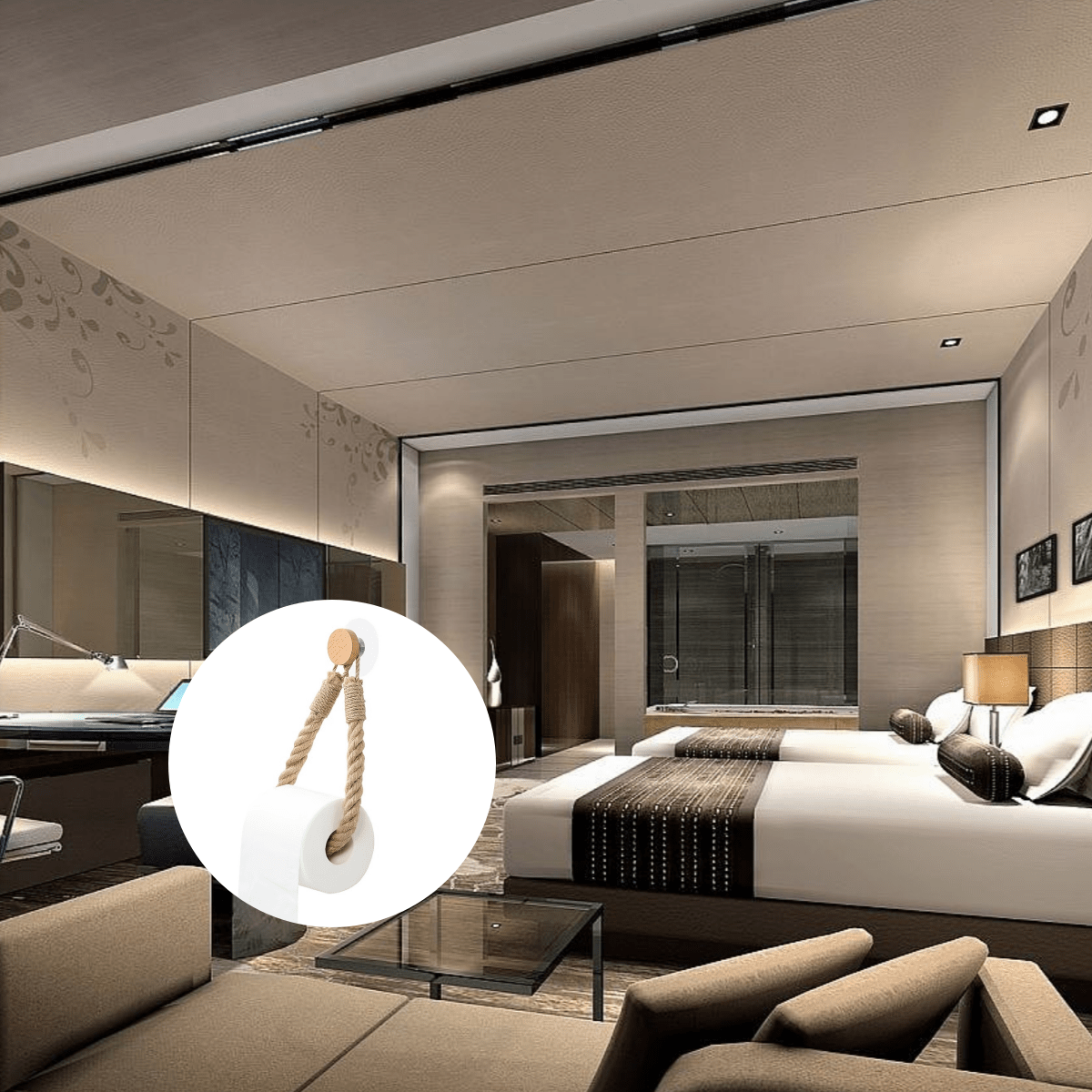 1pc LDQ Hemp Rope Paper Towel Holder, Solid Wood Rope Weaving, Fragrance-Free Fabric Towel Storage Rack, Creative No-Punch Wall-Mounted Roll Paper Holder