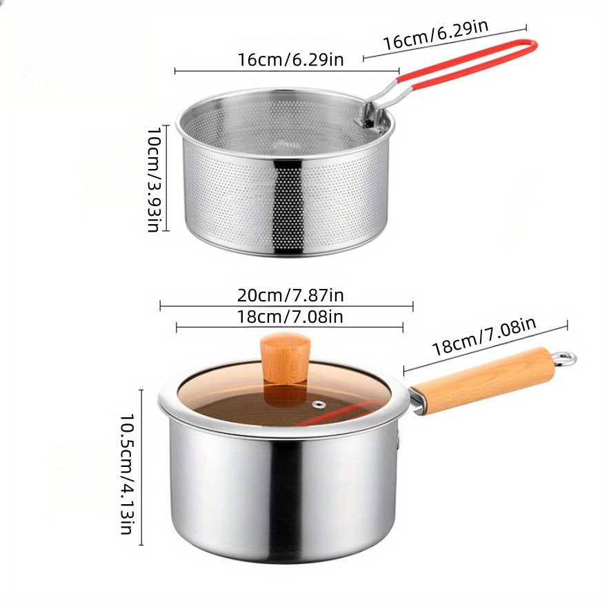 Versatile Stainless Steel Cooking Pot with Strainer - Perfect for Frying, Soup, Pasta & More - Compatible with Induction & Gas Stoves, Oil Frying, Milk Pot, Auxiliary Food Pot