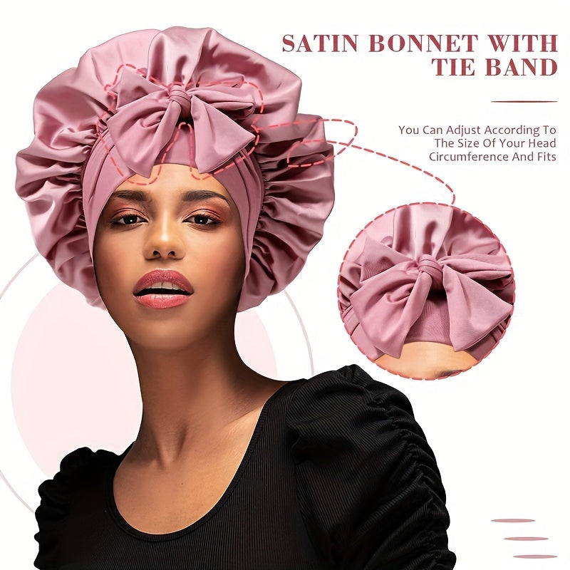 Luxurious Pink Satin Sleep Cap for Women - Adjustable, Silk-Like Night Hat with Bowknot, Ideal for Curly Hair, Nylon-Polyamide Blend, Fragrance-Free - Perfect Gift for Ladies