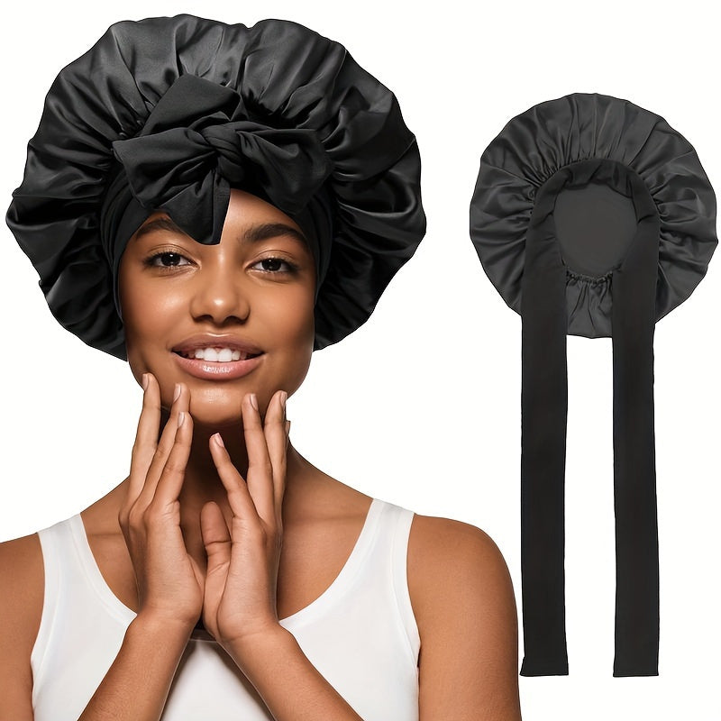 Luxurious Pink Satin Sleep Cap for Women - Adjustable, Silk-Like Night Hat with Bowknot, Ideal for Curly Hair, Nylon-Polyamide Blend, Fragrance-Free - Perfect Gift for Ladies