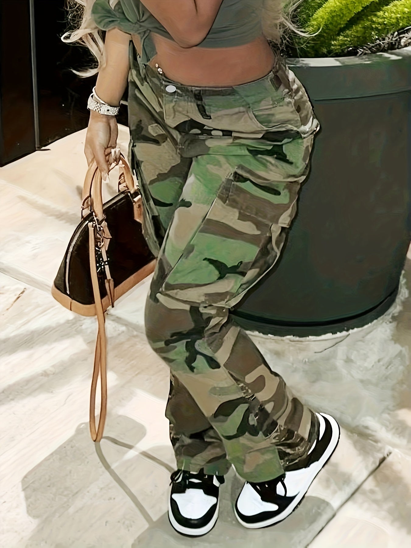 High Waist Straight Camouflage Cargo Jeans, Camo Print Medium Stretch Side Flap Pocket High Rise Denim Pants, Women's Denim Jeans & Clothing