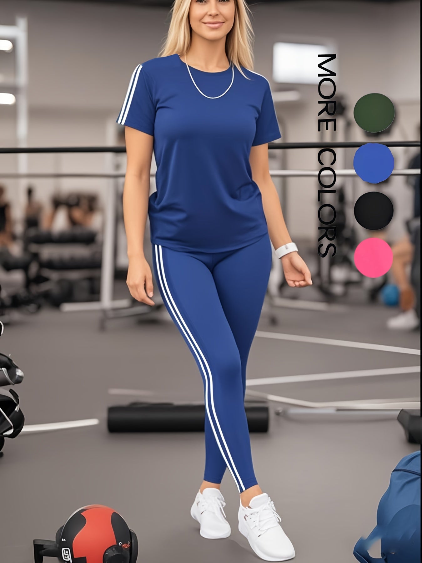 Women'S Casual Fashion Outdoor Sports Set, Double-Sided Striped Round Neck Short Sleeve Long Pants Two-Piece, Women'S Jogging Suit, Solid Color, Medium Stretch, Regular Sleeve, Crew Neck, Side Stripe, Pullover, Spring/Summer/