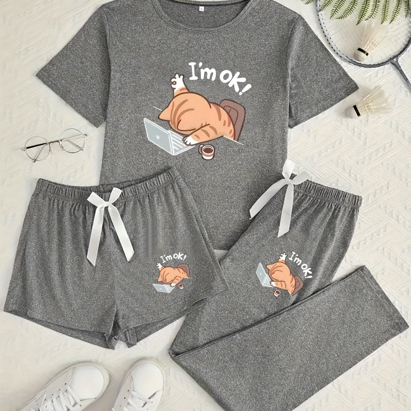 Women's 3pcs Pajama Set, Cartoon Work Kitten Print Short Sleeve Pajamas, Shorts and Longs - Bow Style, Suitable for Multiple Seasons