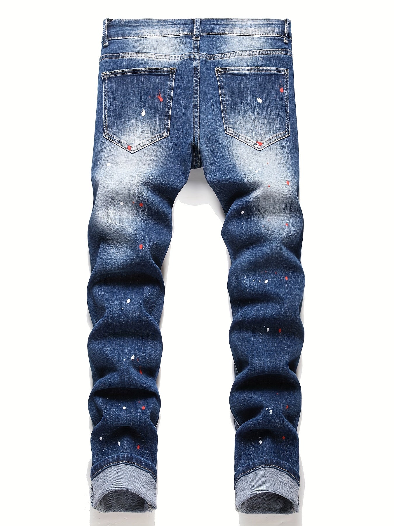 Patch Splatter Ripped Jeans, Men's Casual Street Style Distressed Slim Fit High Stretch Denim Pants For Spring Summer