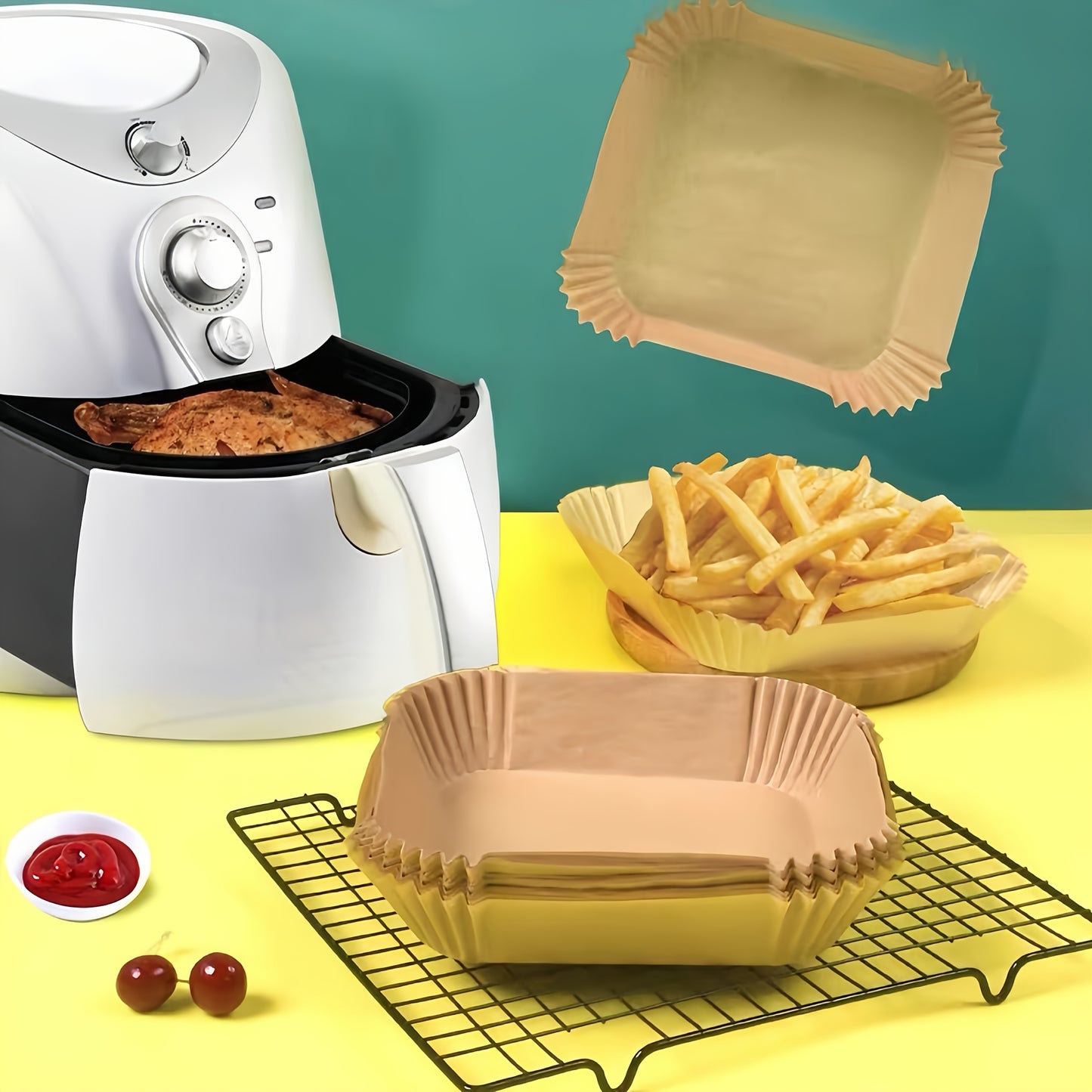 100pcs Non-Stick Air Fryer Liners - Premium Paper Single Sheets with Ridged Edges for Secure Cooking, Easy Cleanup & Healthy Cooking - Multi-Use for Baking, Roasting, Microwaving - Ideal for Home & Commercial Kitchens, Air Fr