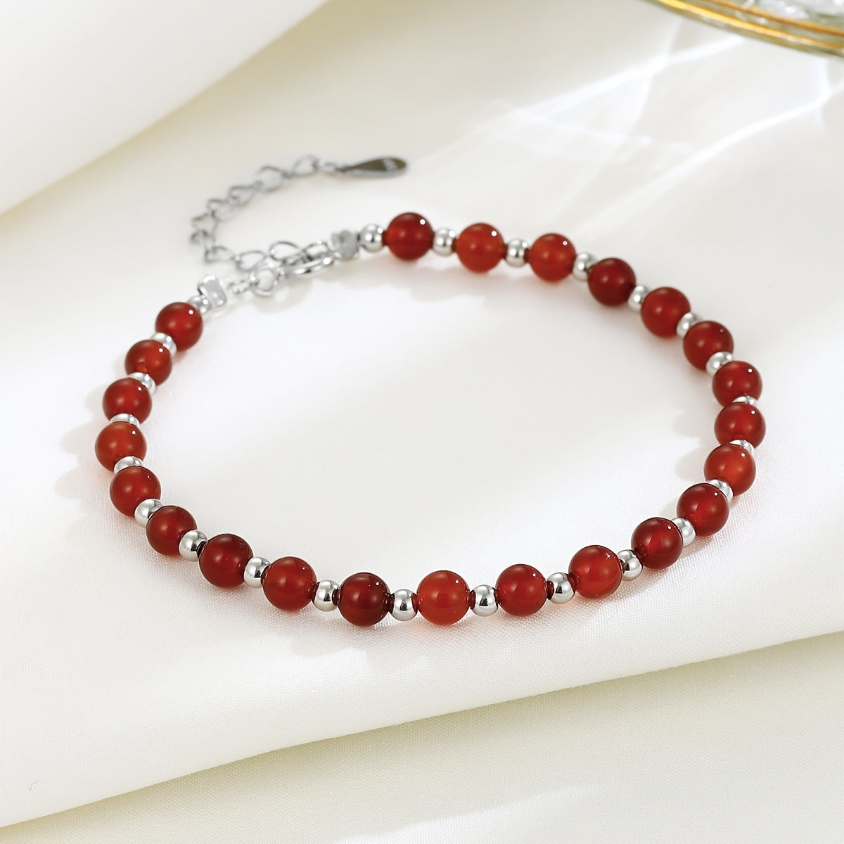 925 Pure Silvery Material Versatile Round Bead Red Agate Bracelet, Temperament Jewelry, Light Luxury Style, Gemstone Bead Bracelet, Women's Trendy Accessory, Gift Box Included