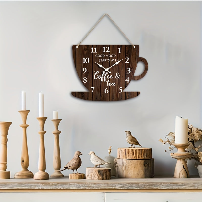 1pc Unique Clock, Coffee Cup Shaped Creative Wall Clock with Arabic Numerals Design in Dark Wood Tone, Silent Quartz Wooden Timepiece for Bedroom, Living Room, Office, Kitchen & Bathroom - Battery Operated (Batteries Not Incl