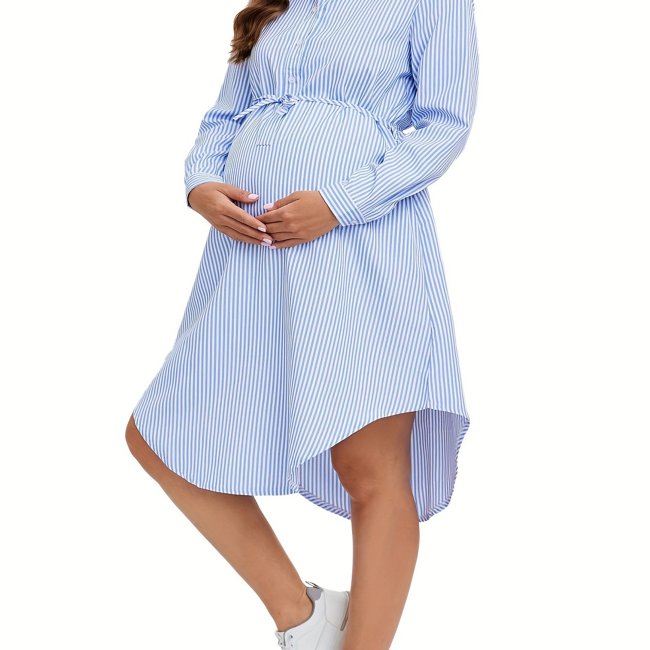 Elegant Striped Maternity Dress with Belt - Long Sleeve, Knee-Length Shirt Style for Women, Machine Washable, Loose, Collar