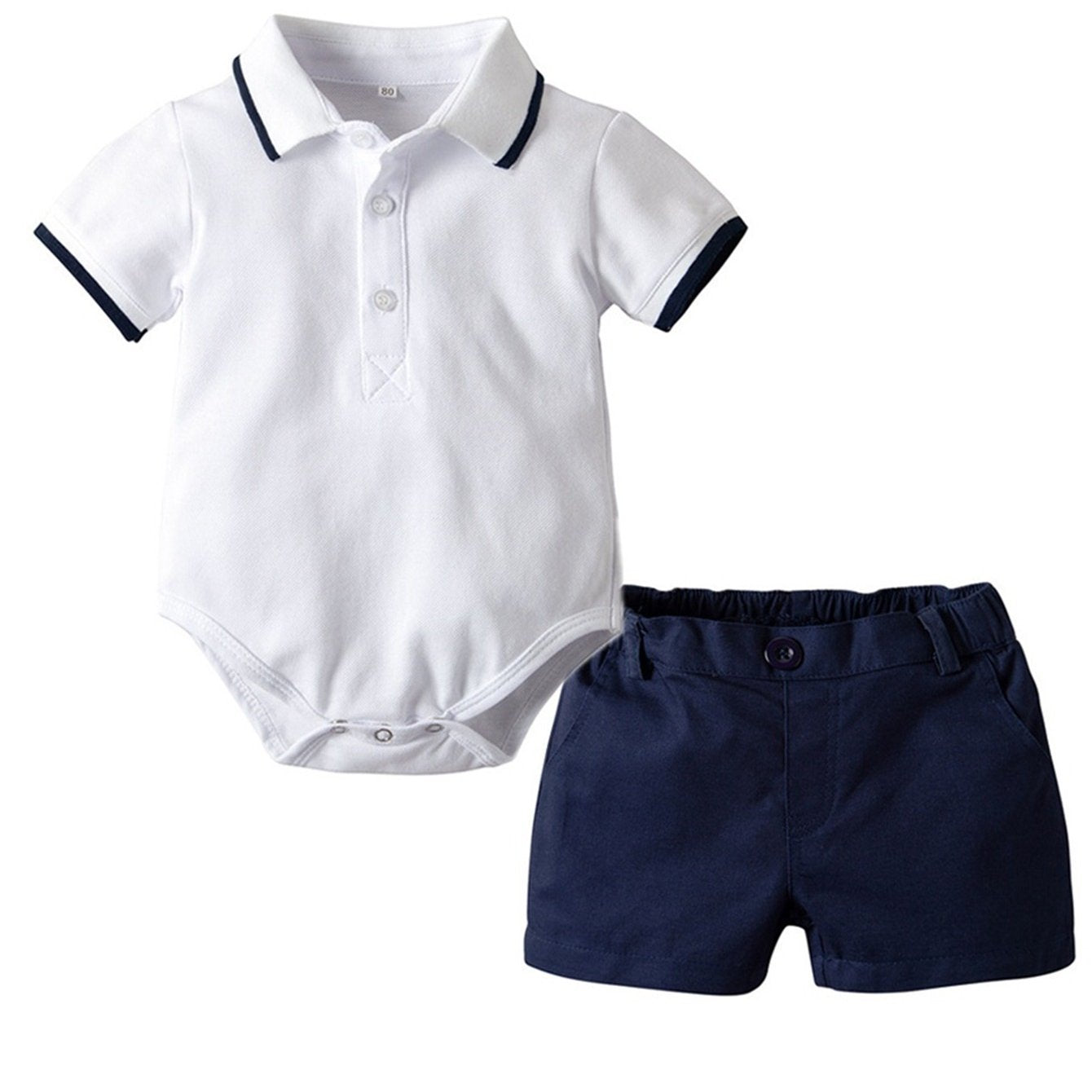 Boys' Summer Set - Casual White Short Sleeve Romper with Navy Blue Collar & Matching Shorts, Easy-Care Polyester, Perfect for Spring/Autumn, Spring Youngsters Outfit|Classic Style|Polyester Blend Outfit, Perfect for Outdoor