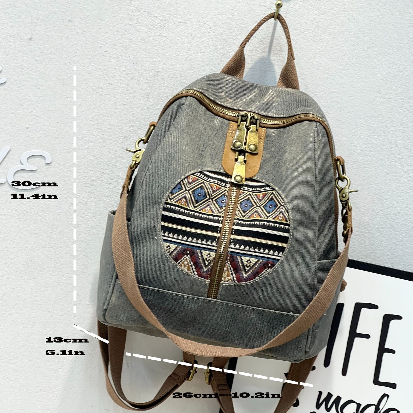 Bohemian Tribal Print Canvas Backpack with Adjustable Straps & Metal Hardware - Convertible Single/Double Shoulder Casual Daypack for Travel, School, Shopping - Zipper Closure & Polyester Lining, Backpack for Travel, Geometri