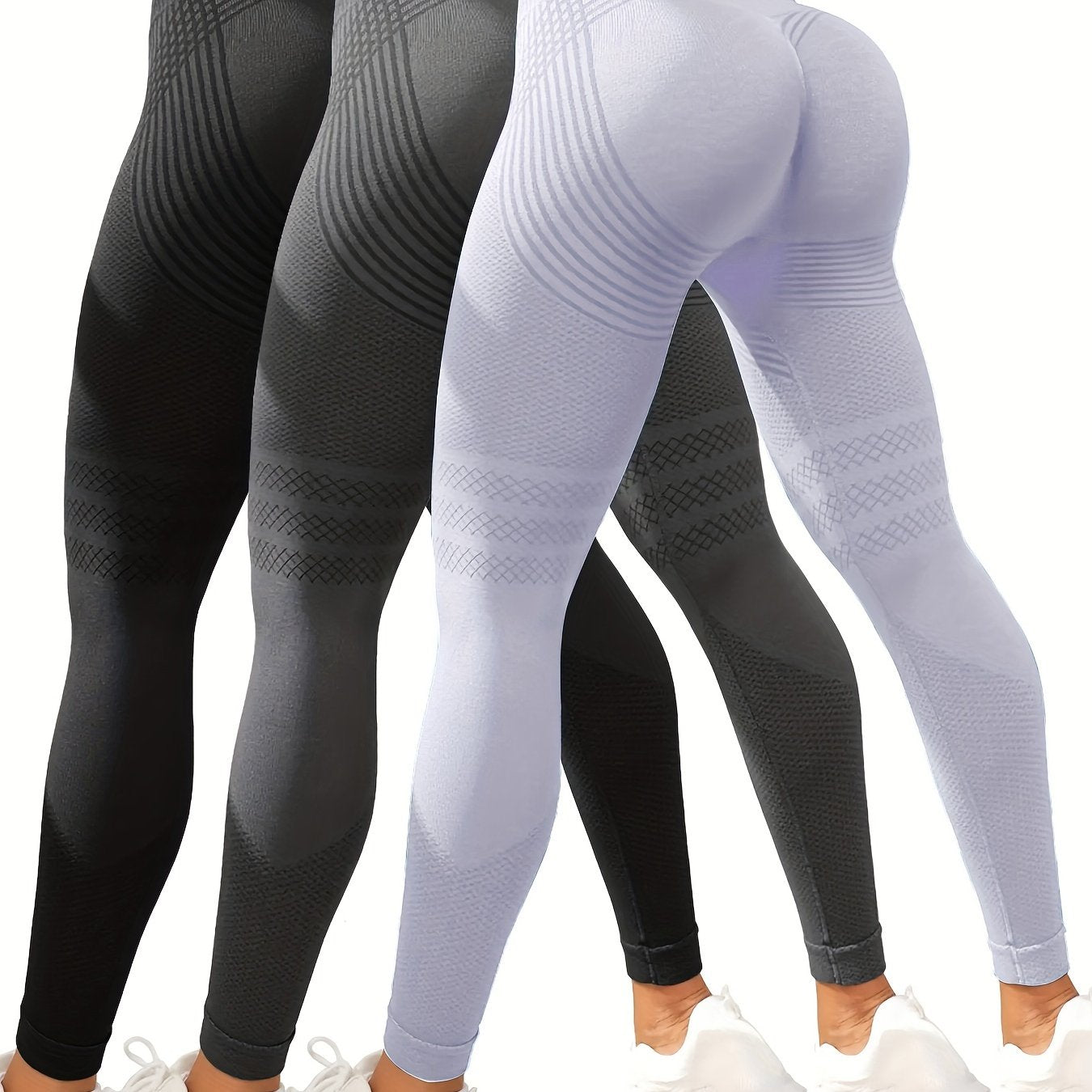 3-Pack Women'S High-Waisted Sports Leggings, Striped Yoga Pants with Hip Lift, Stretchy Knit Fabric, Polyamide 90% Elastane 10%, All-Season Skinny Tights for Fitness & Running, 280g/m²
