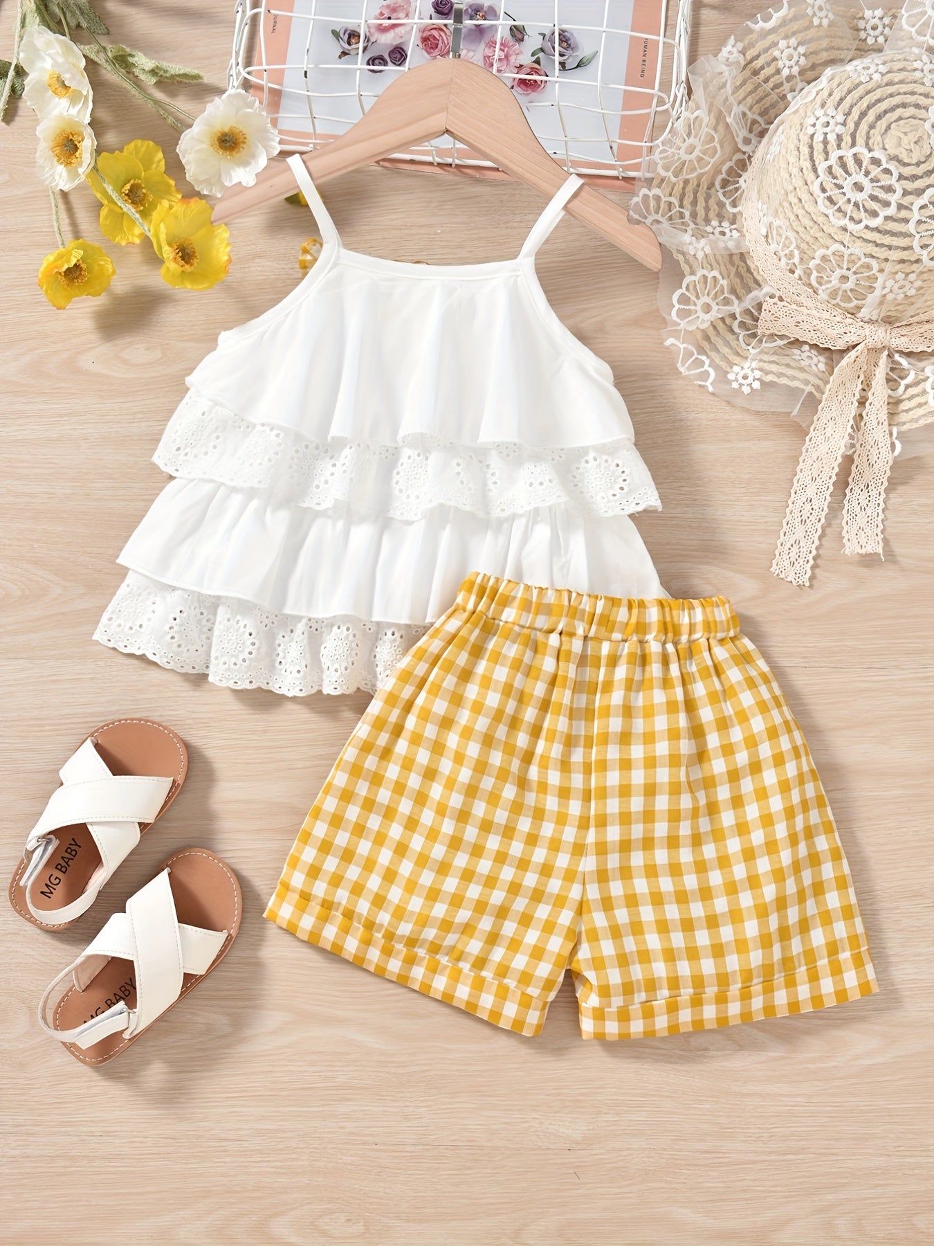 Cute Ruffle Lace Top & Check Shorts Two-Piece Set - White Blouse with Yellow Bow, Yellow & White Gingham Shorts, Perfect for Spring/Summer, Casual Playwear|Ruffle Detail Top|Nonstretch Fabric, for Outdoor