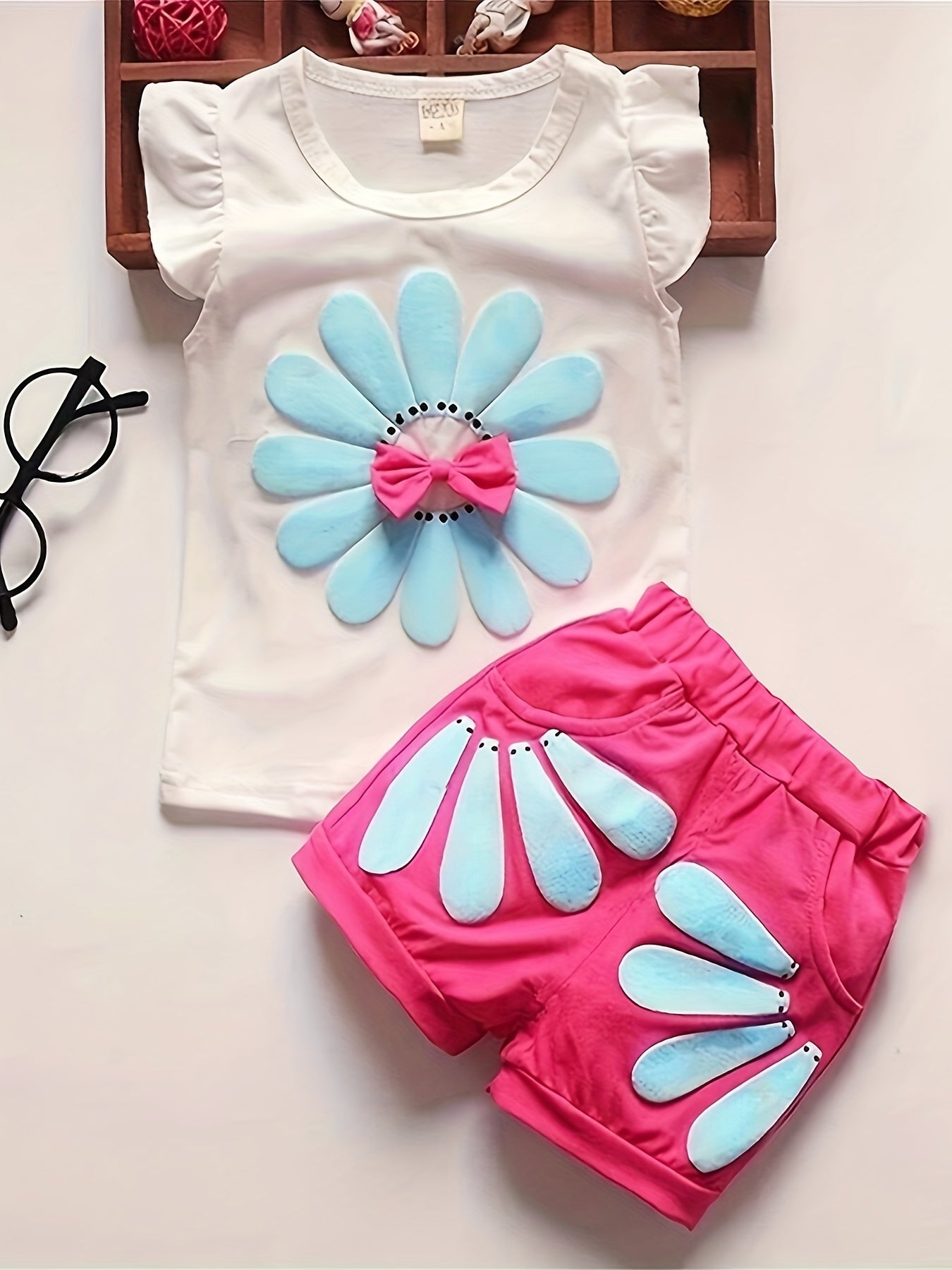 Girl's Summer Cotton Two-piece Set, Baby Girl Sunflower Print Short Sleeve Ruffled Top & Shorts Outdoor Wear Outdoor Clothing