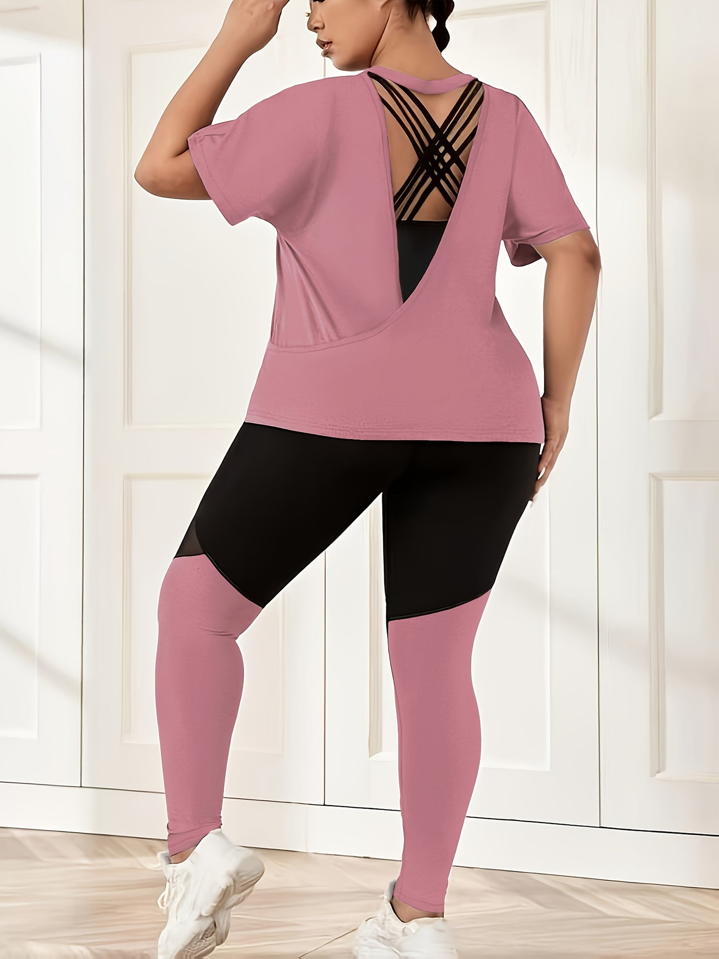 205 New Fashion Backless Quick-Dry Short Sleeve Top and Loose-Fit Sports Pants Fitness Set