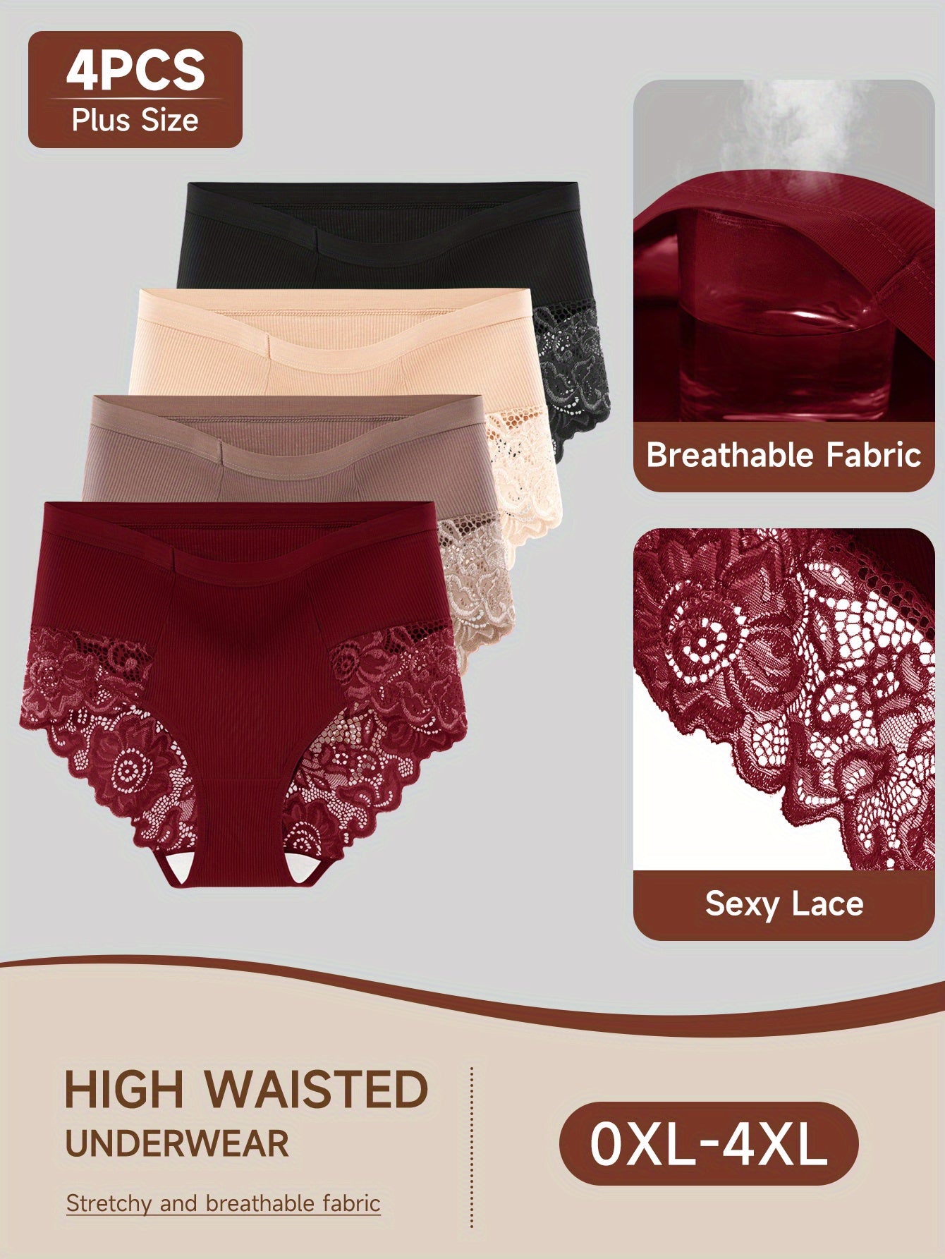 4pcs Women'S Plus Size High-Waisted Briefs - Tummy Control Butt Lifting Underwear with Seamless Wrap, Non-Slip Grip & Lifted Hipline - Stretchy Everyday & Special Occasion Panties - Burgundy/Beige/Black/ - QUASTI, Tummy Contr