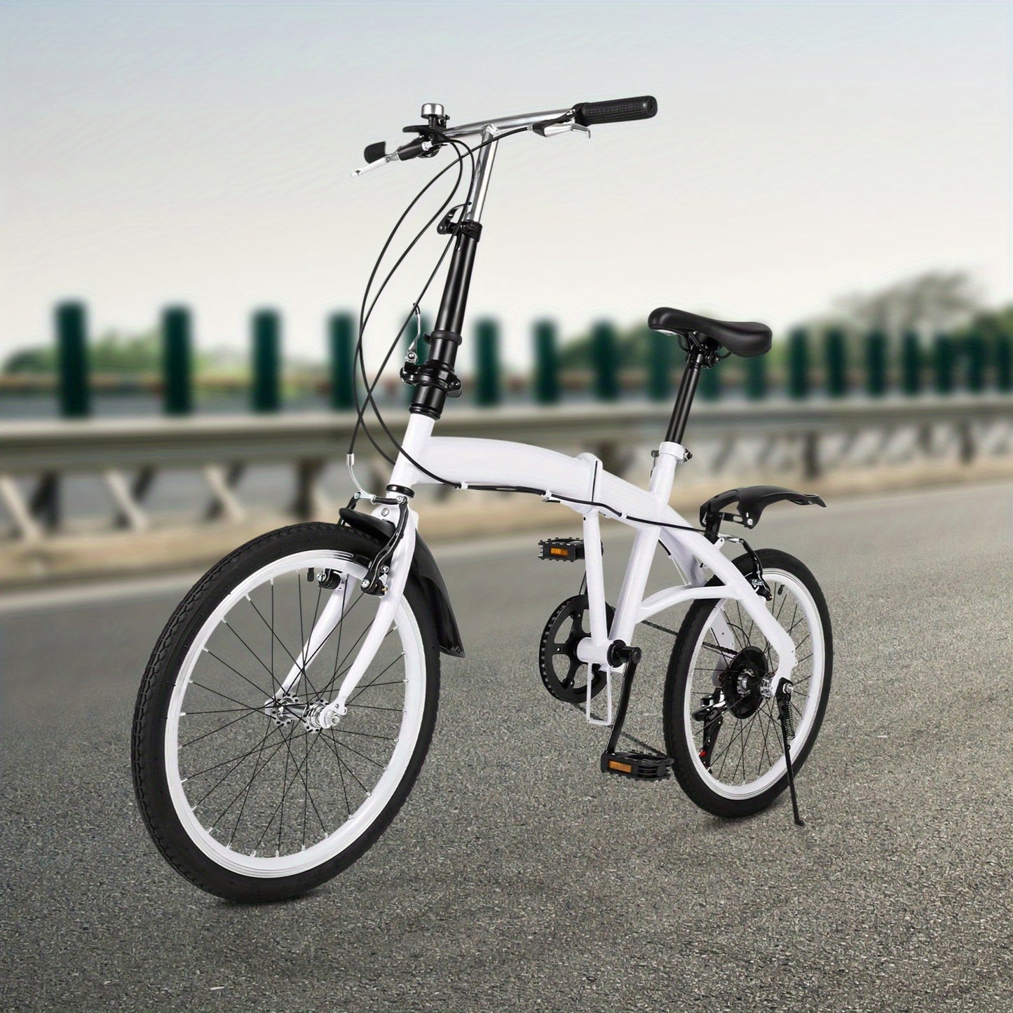 50.8 cm Folding Bicycle Adult Lightweight 6-Speed Height Adjustable Folding Bicycle Adult for Outdoor Cycling Commuting White with Bicycle Circle