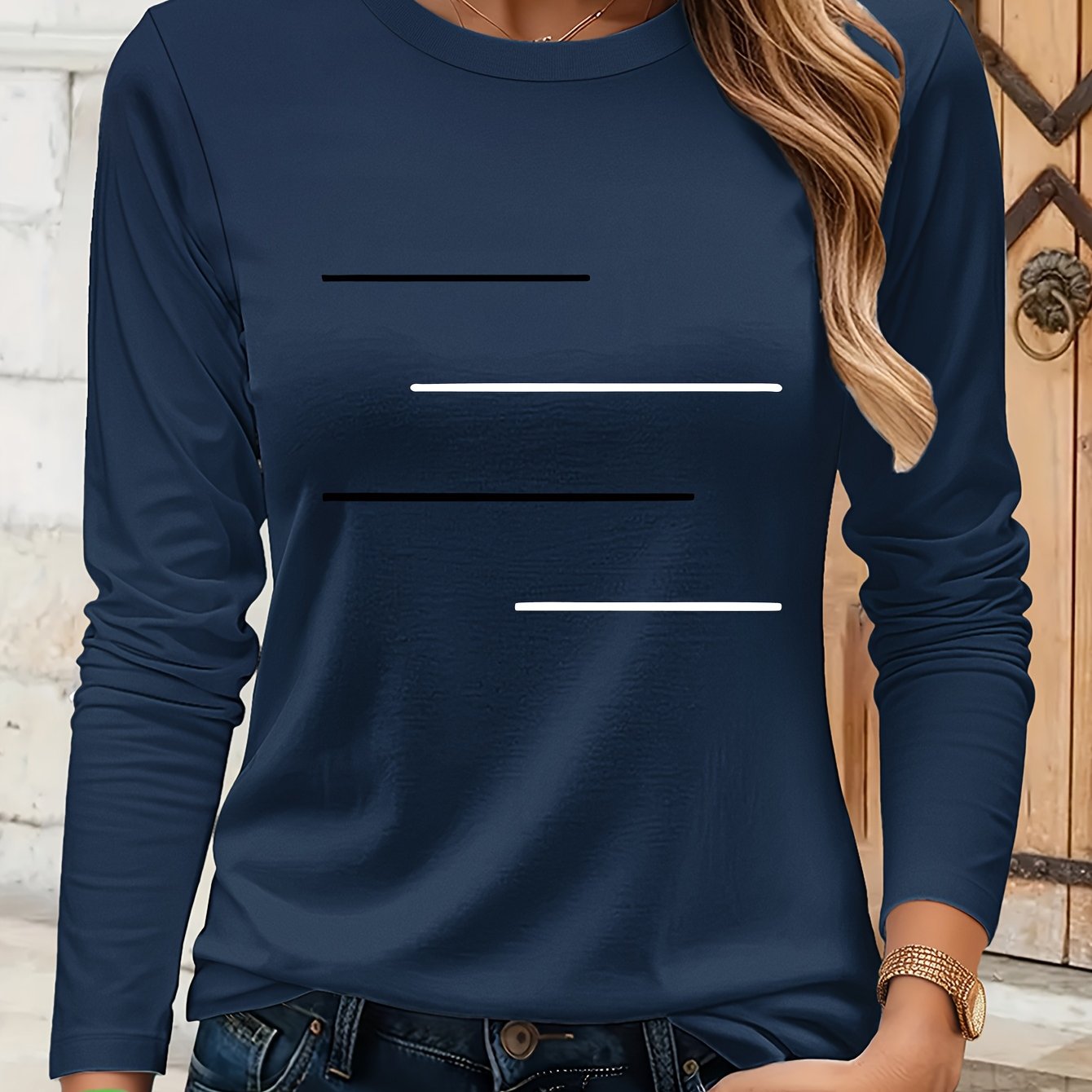 Simple Black and White Parallel Stripe Pattern Print T-Shirt, Suitable for Family Travel, Vacation, Casual, Parent- Matching Tee 9734