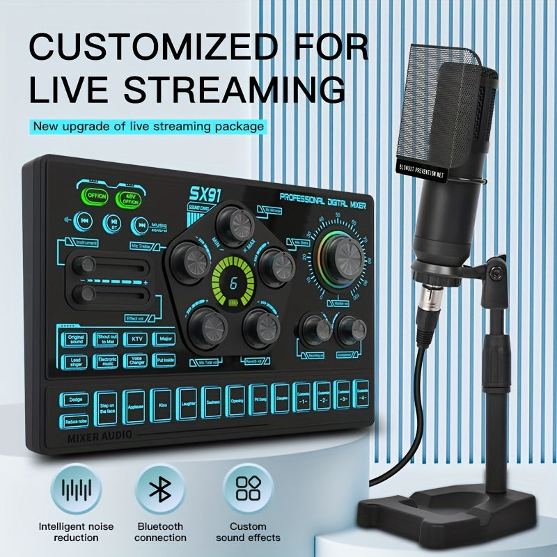 Podcast Live Broadcast Kit, SX91 Live Sound Card + BM800 Podcast XLR Condenser Microphone, Professional Mixing Equipment Set, Ideal for Gaming, Live Broadcasting, Recording Streaming Podcasts, Video Studio, Compatible with La