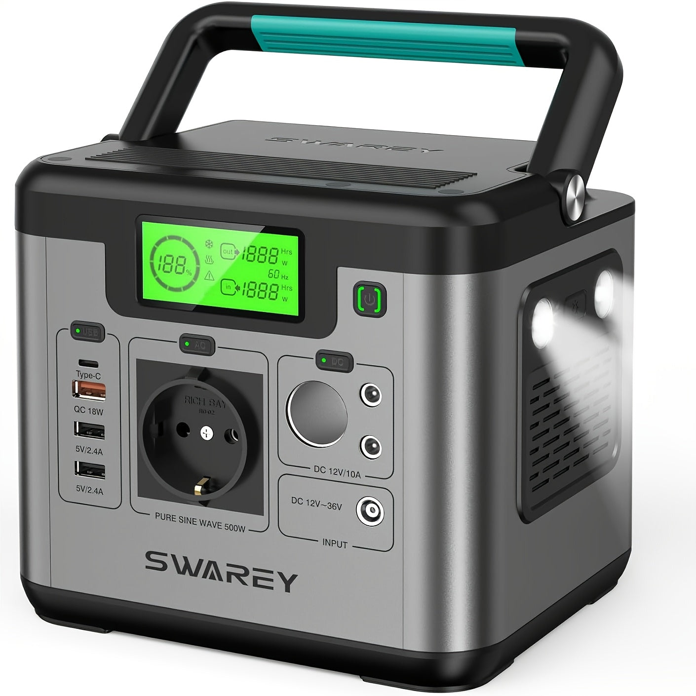 SWAREY Portable Power Bank, Power Station 518 Wh, Solar Generator 500 W AC Output, 65 W USB-C Port, Power Generator Battery for Party, Travel, Camping, Motorhome, Emergency