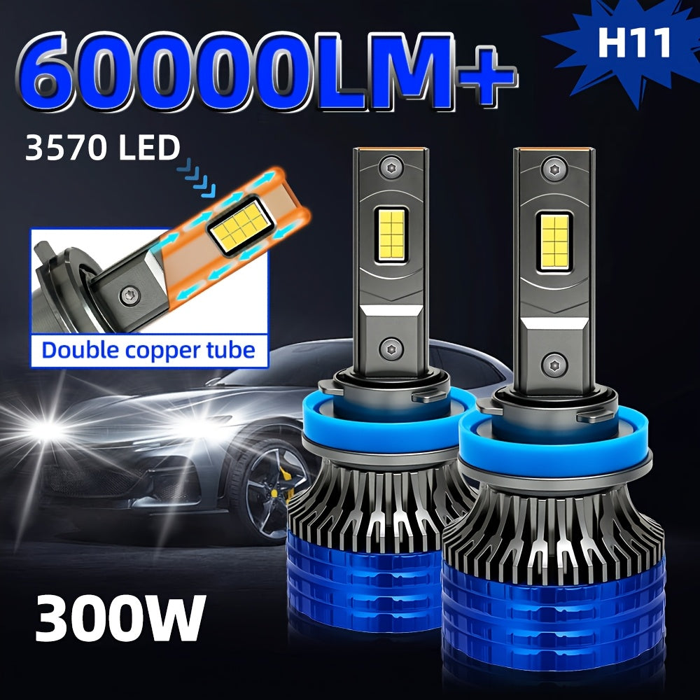 2pcs H4 H7 Car Bulb LED Headlights With 300W High Power 60000LM, Compatible with Canbus And Various Models Including H1, H11 H8 H9, HB3 9005, HB4 9006, 12V 24V, Featuring Turbo Lamp at 6000K for Vehicles, Without Battery