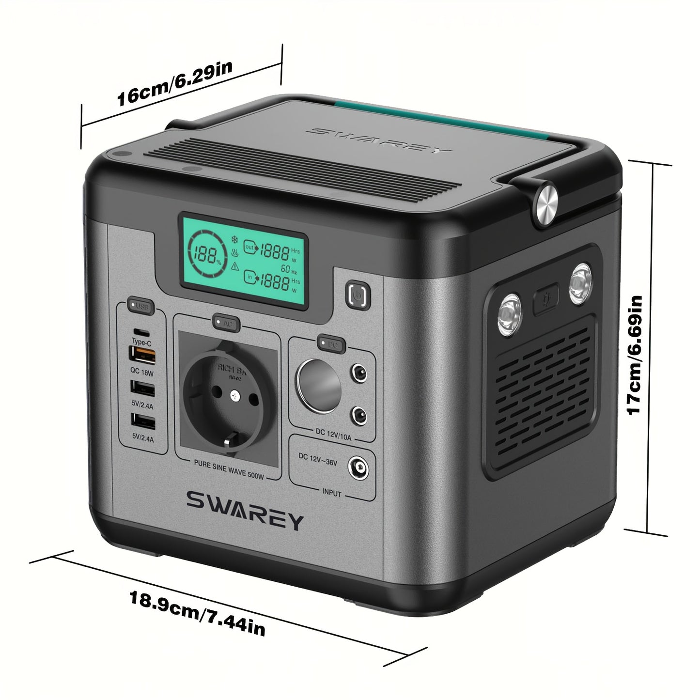 SWAREY Portable Power Bank with 200W Solar Panel, Power Station 518 Wh, Solar Generator 500W AC Output, 65 W USB-C Port, Power Generator Battery for Party, Travel, Camping, Motorhome, Emergency