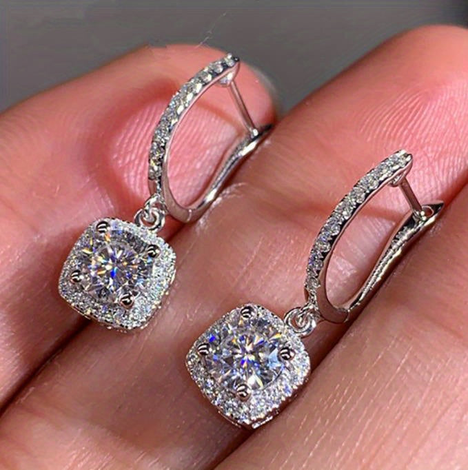 Sterling 925 Silver Ear Jewelry Square Shape Shiny zirconia Decor Dangle Earrings Luxury Style Banquet Party Ear Ornaments