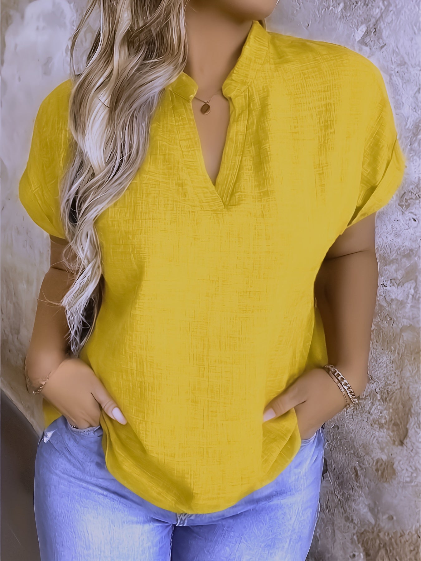 Women's Casual V-Neck Blouse with Small Stand-Up Collar - Vibrant Yellow Solid Color, Regular Fit, Machine Washable, Versatile for Spring Summer Fall, Seasonal Fashion Top, Sophisticated Casualwear, Lightweight Fabric, Everyd