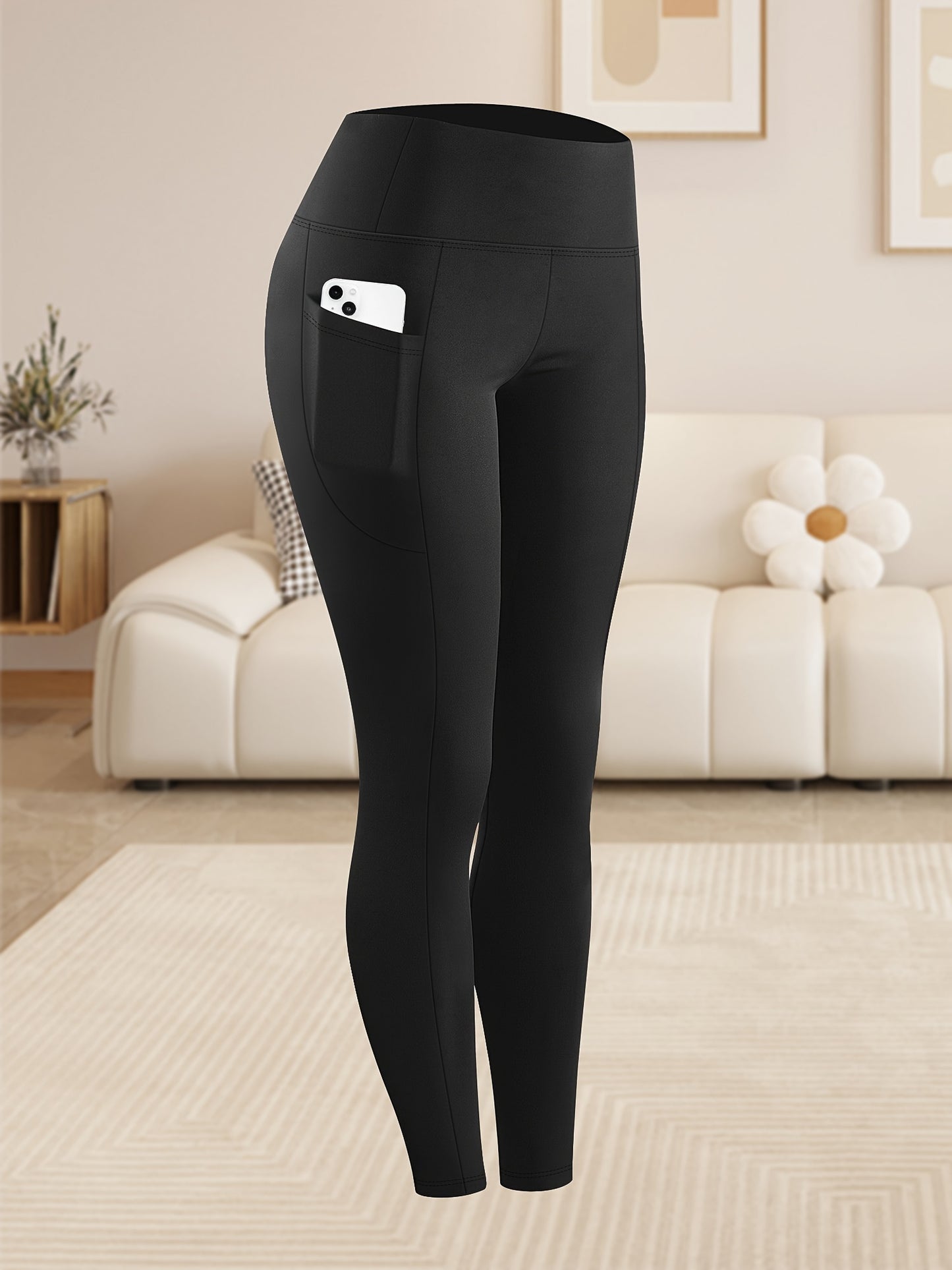 Women'S Plus Size High Waist Tummy Control Leggings with Side Pockets, 88% Polyester 12% Elastane, Knit Fabric, Stretchy Cropped Yoga Pants for Running & Fitness, All Season Solid Color Athletic Skinny Pants