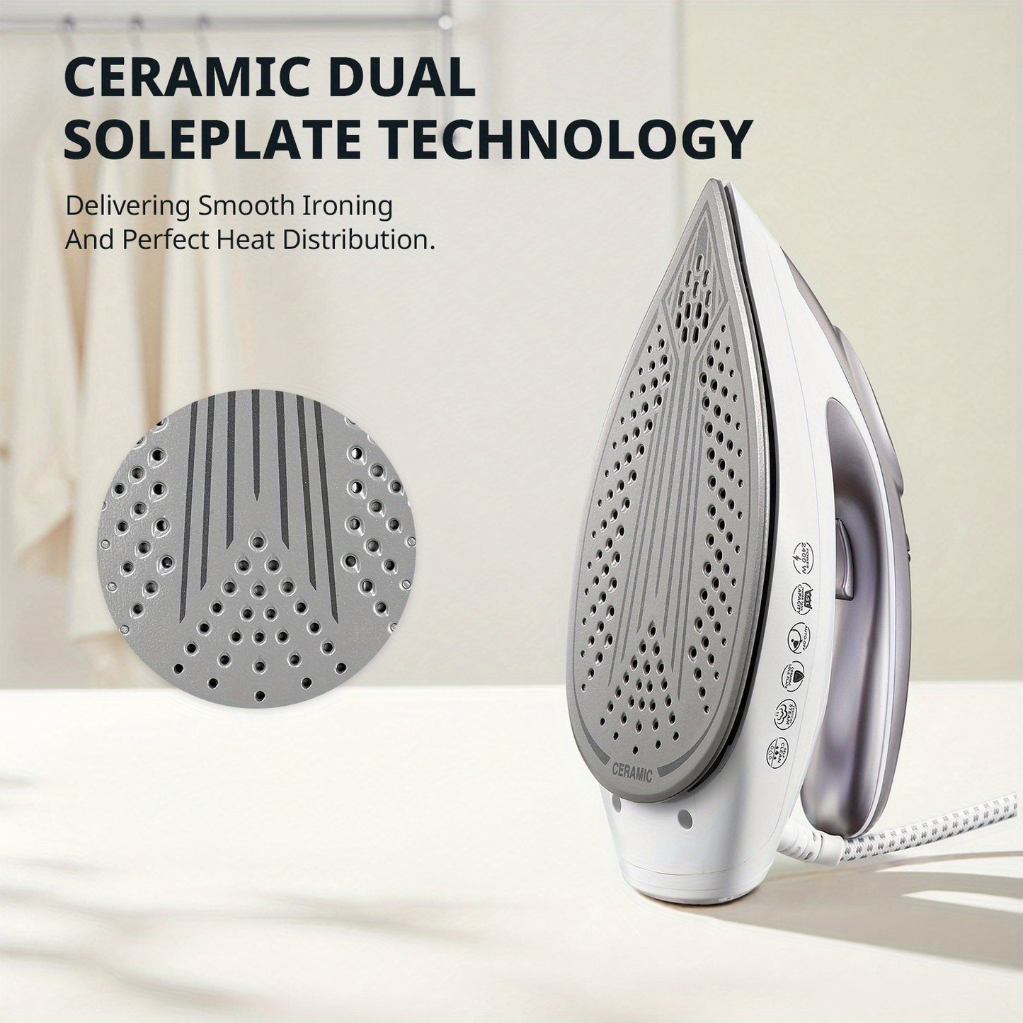 Steam Station Iron offers 5.5 bar pressure, a 1.5L water tank, a ceramic soleplate, an anti-limescale function, vertical steaming, three adjustable temperatures, cord storage, 2400W power, and comes in light purple., Steam Ir
