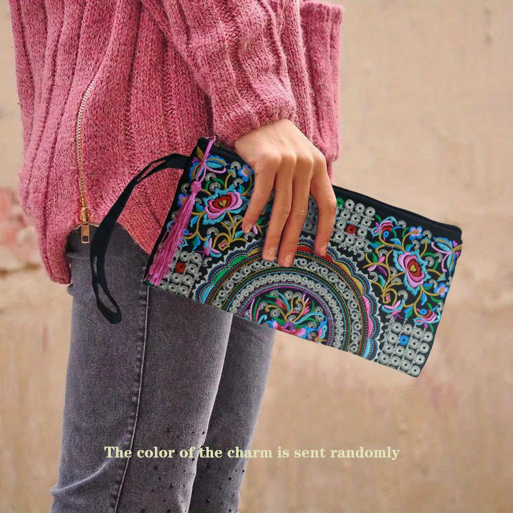 Retro Style Square Purse, Ethnic Style Phone Clutches, Floral Embroidery Handbag With Wristlet
