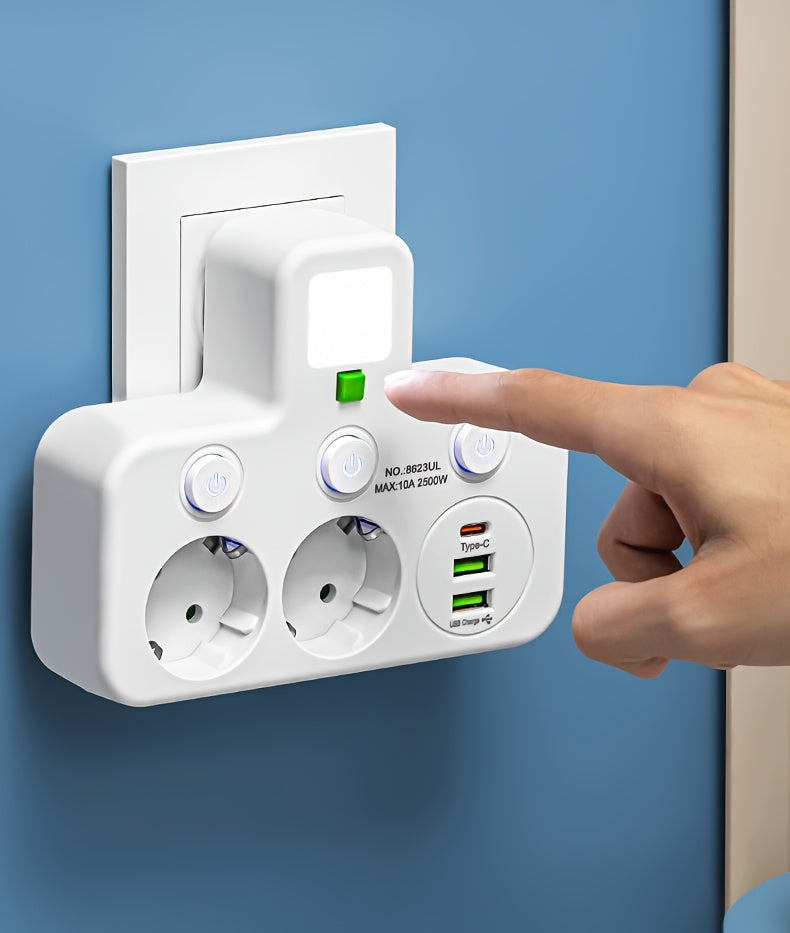 Plug Converter Socket with 5 Sockets, Multi-Port Wall Socket with Independent Switch And Small Night Light Adapter